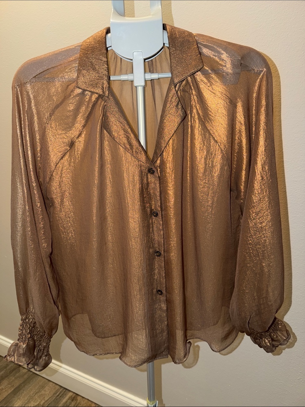 Lola & Sophie Metallic Copper Bronze Sheer Button-Up Blouse